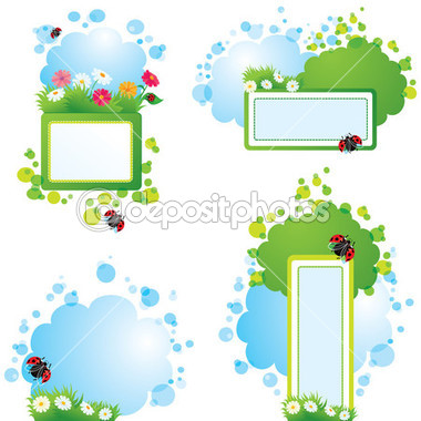 Set Of Summer Backgrounds And Frames With Grass Flowers And Ladybirds