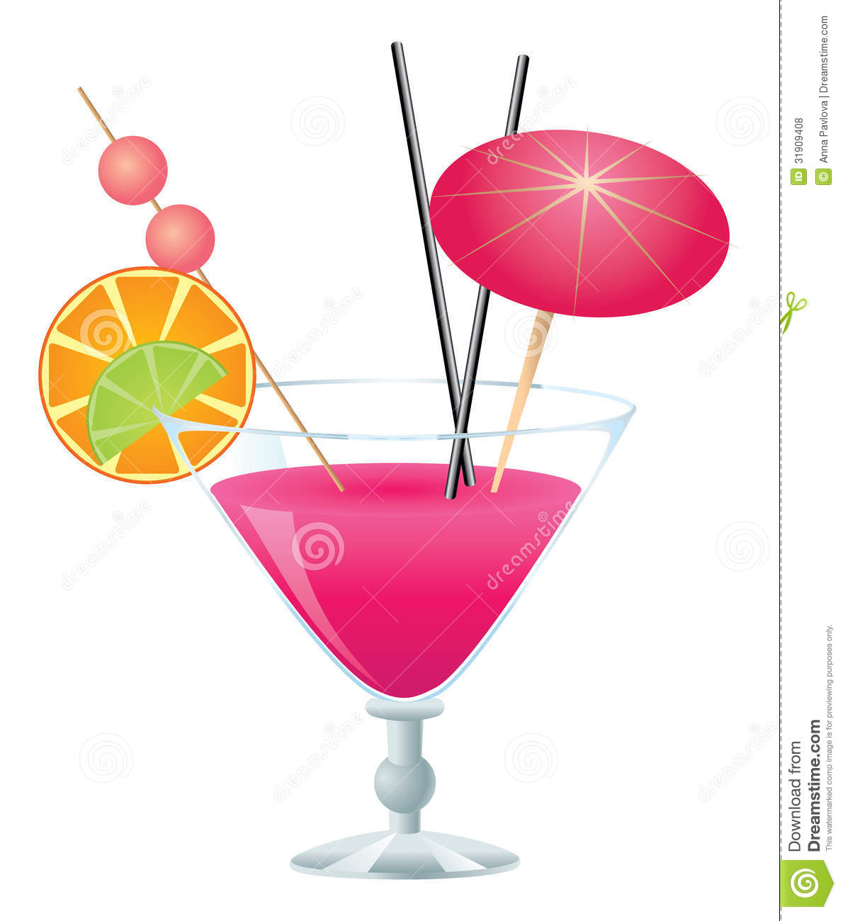Tropical Pink Cocktail With Small Umbrella On White Background