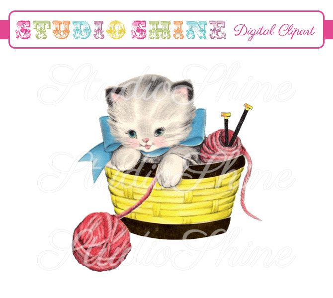 Vintage Digital Clipart   Kitten In Basket   Cute Clip Art For Party