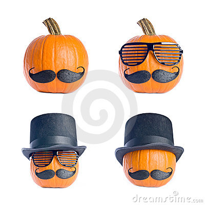 Bunch Of Pumpkins Wearing Mustache Sunglasses And Black Hat Isolated