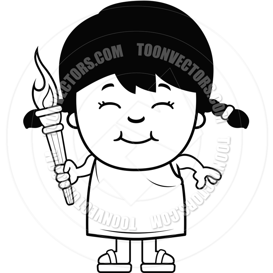 Cartoon Girl Olympic Torch  Black And White Line Art  By Cory Thoman