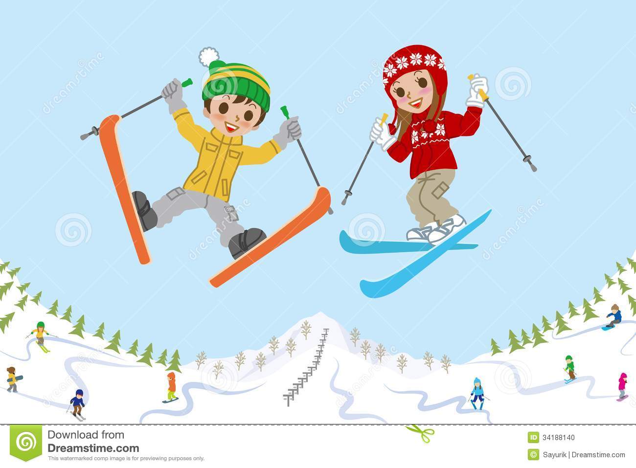Jumping Kids On Ski Slope Stock Photo   Image  34188140
