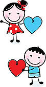 Stick Figure Kids Holding Valentine S Day Hearts   Clipart Graphic