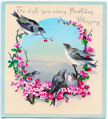 Vintage Clip Art Image   Sweet Birds With Flowers   Birthday    