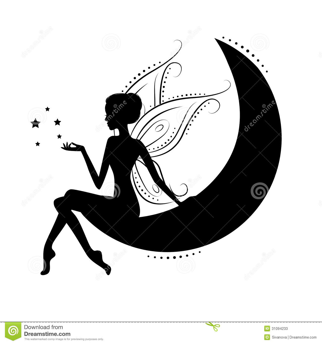 Beautiful Fairy Silhouette  She Sitting On The Moon Isolated On A