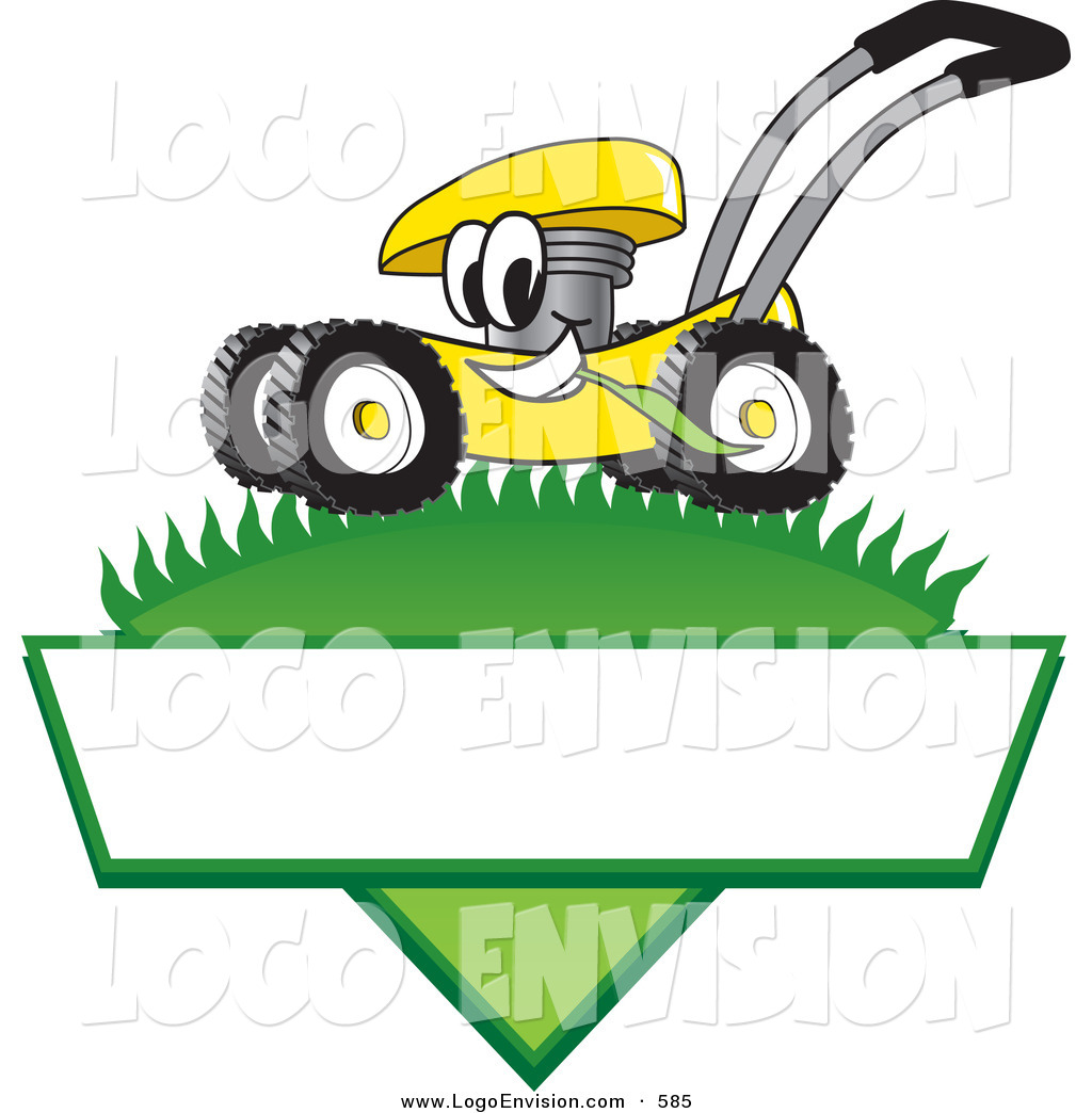 Smiling Yellow Lawn Mower Mascot Cartoon Character Mowing Grass Over A