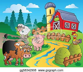Clip Art   Country Scene With Red Barn 1   Vector Illustration   Stock