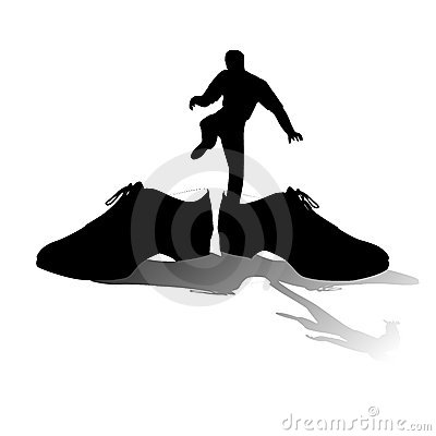 Clip Art Illustration Featuring A Small Man Stepping Into A Pair Of