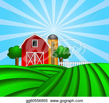 Clip Art   Red Barn With Grain Elevator Silo And Trees With Green Crop    