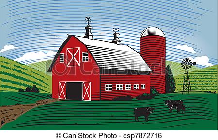 Clip Art Vector Of Barn Scene   A Farm Scene With Barn Cattle And