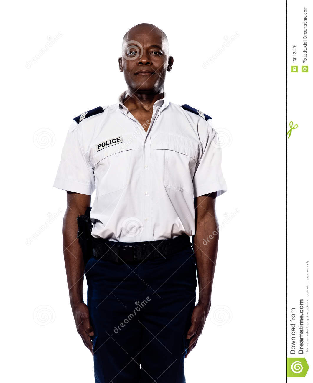 Officer In Uniform Standing In Studio On White Isolated Background