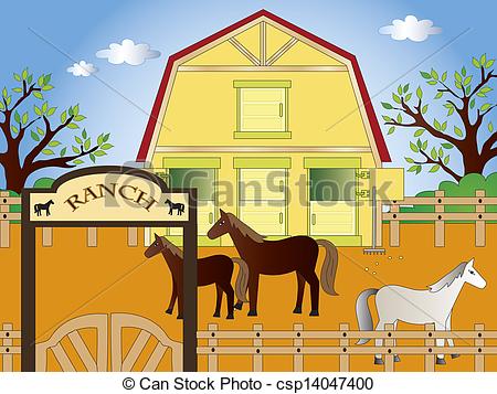 Ranch   Illustration Of Ranch With Horses Csp14047400   Search Clipart
