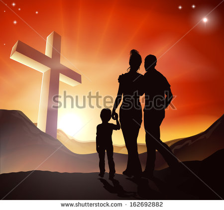 Christian Family Walking Towards A Cross In A Mountain Landscape