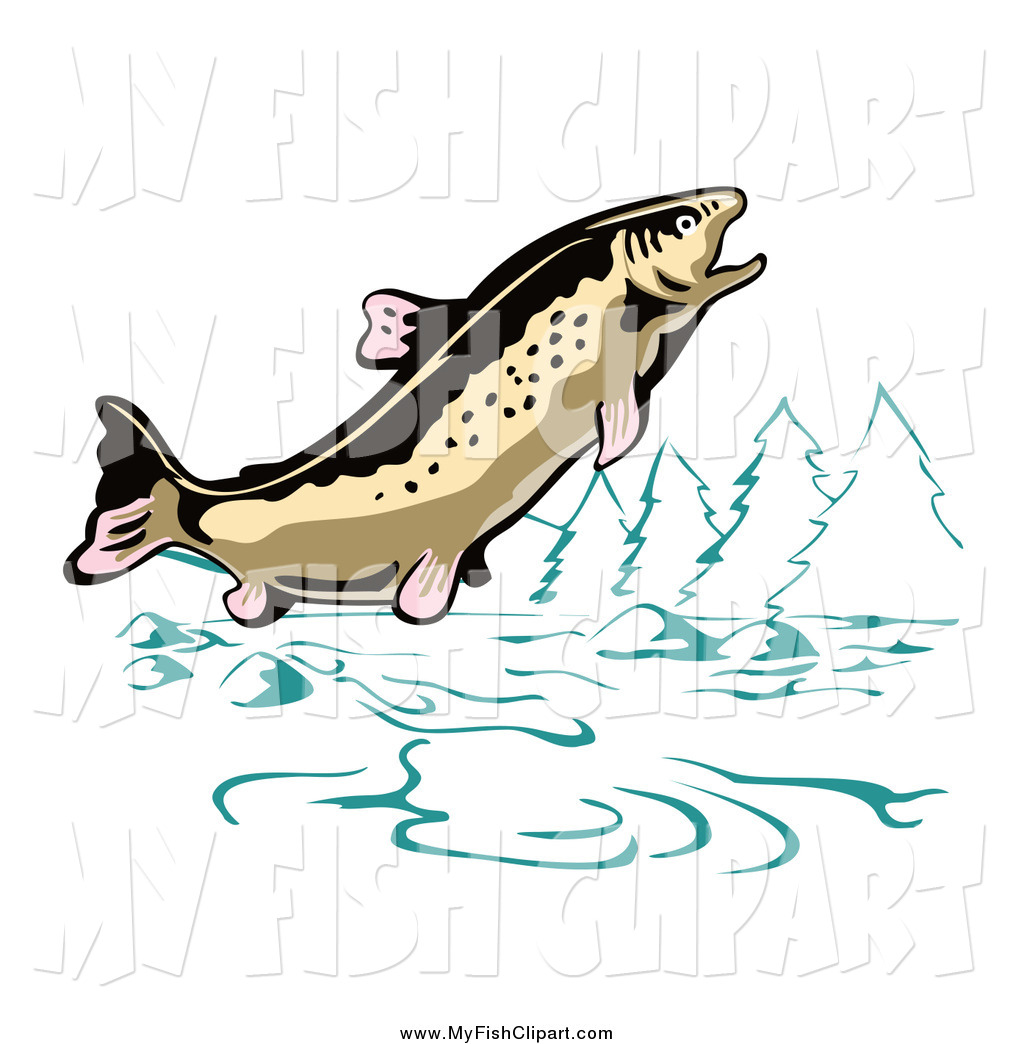 Clip Art Of A Leaping Trout Fish In A Mountainous Lake Or River By    