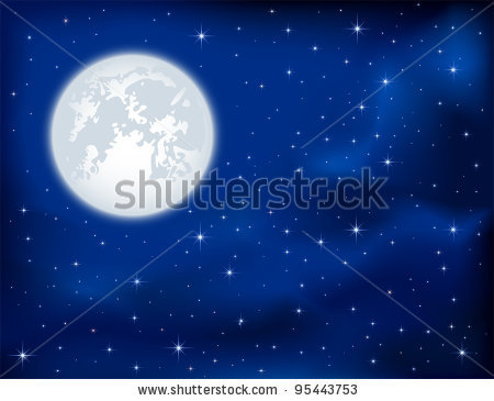 Full Moon On Blue Starry Sky In A Vector Clip Art Illustration