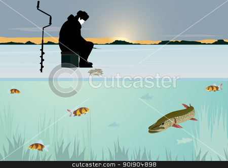 Winter Fishing On The Lake Stock Vector Clipart The Sun On The    