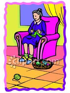 Woman Sitting In A Chair Knitting With Basket Of Yarn