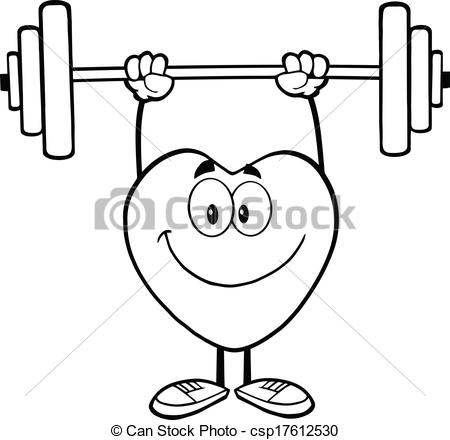 Black And White Smiling Heart Cartoon Mascot Character Lifting Weights