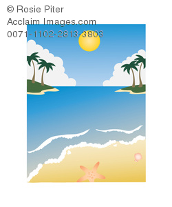 Clipart Illustration Of Sun Over A Tropical Paradise Beach Scene