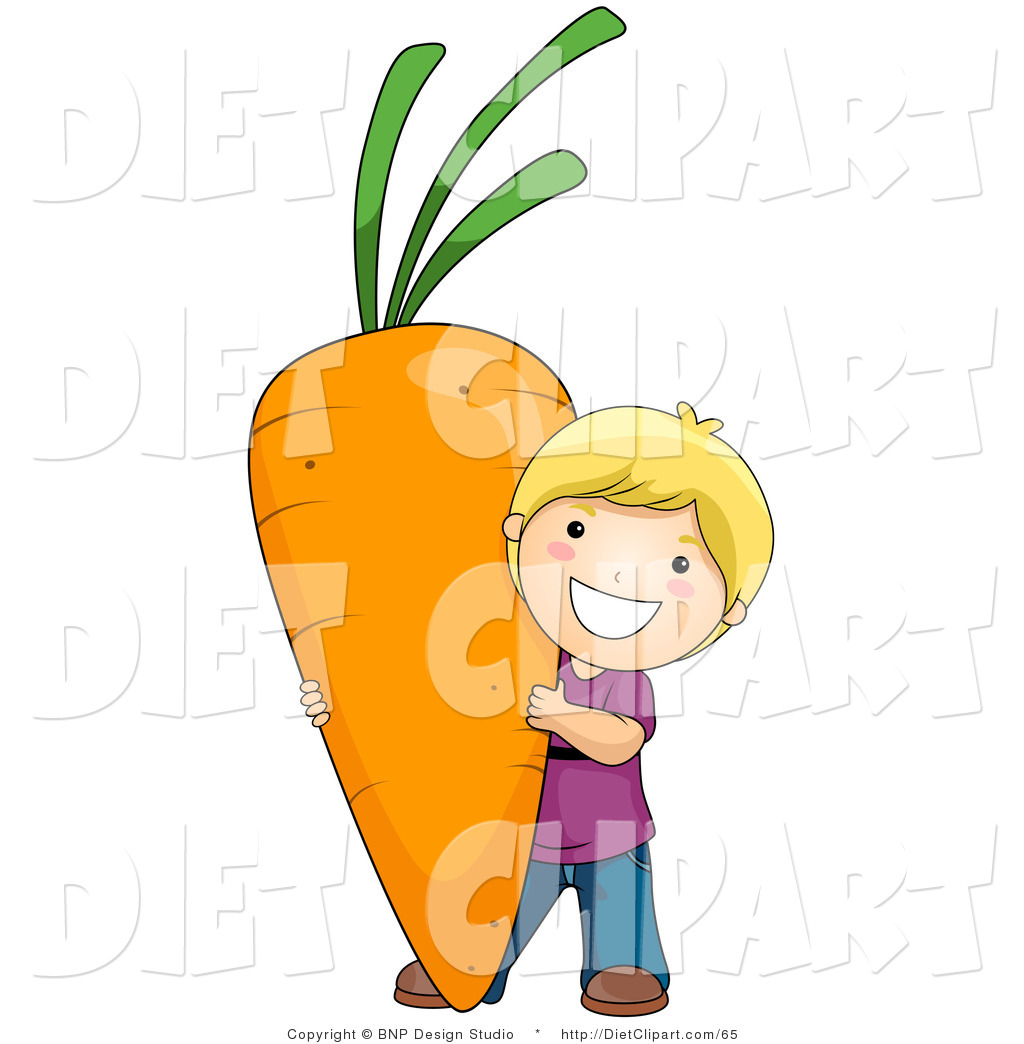 Diet Of A Happy And Smiling Blond Boy Carrying Giant Carrot Clipart