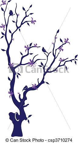Eps Vector Of Oriental Cherry With Birds   Blossoming Tree With A    