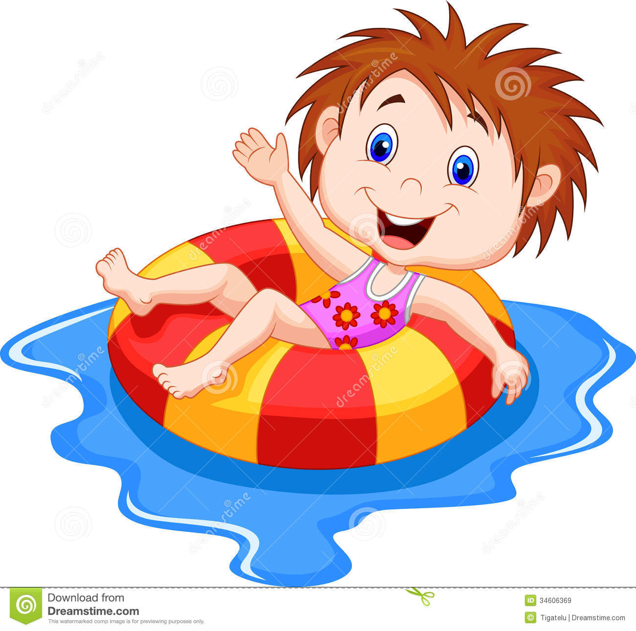 Girl Cartoon Floating On An Inflatable Circle In The Pool Royalty Free
