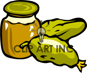 Royalty Free Bottled Pickles With A Fresh Cucumber And Vine Clipart