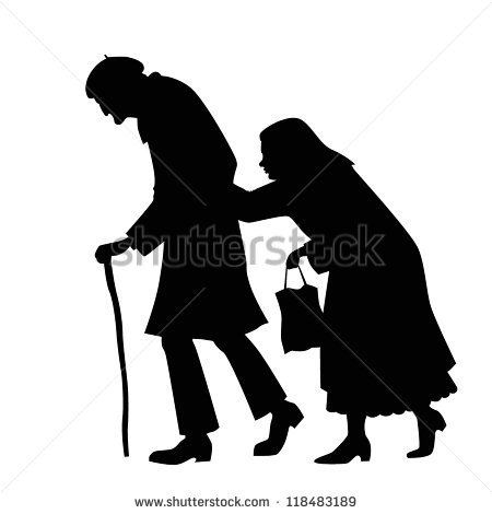 Silhouette Of Couple Walking Old Man With A Cane And An Old Woman With    