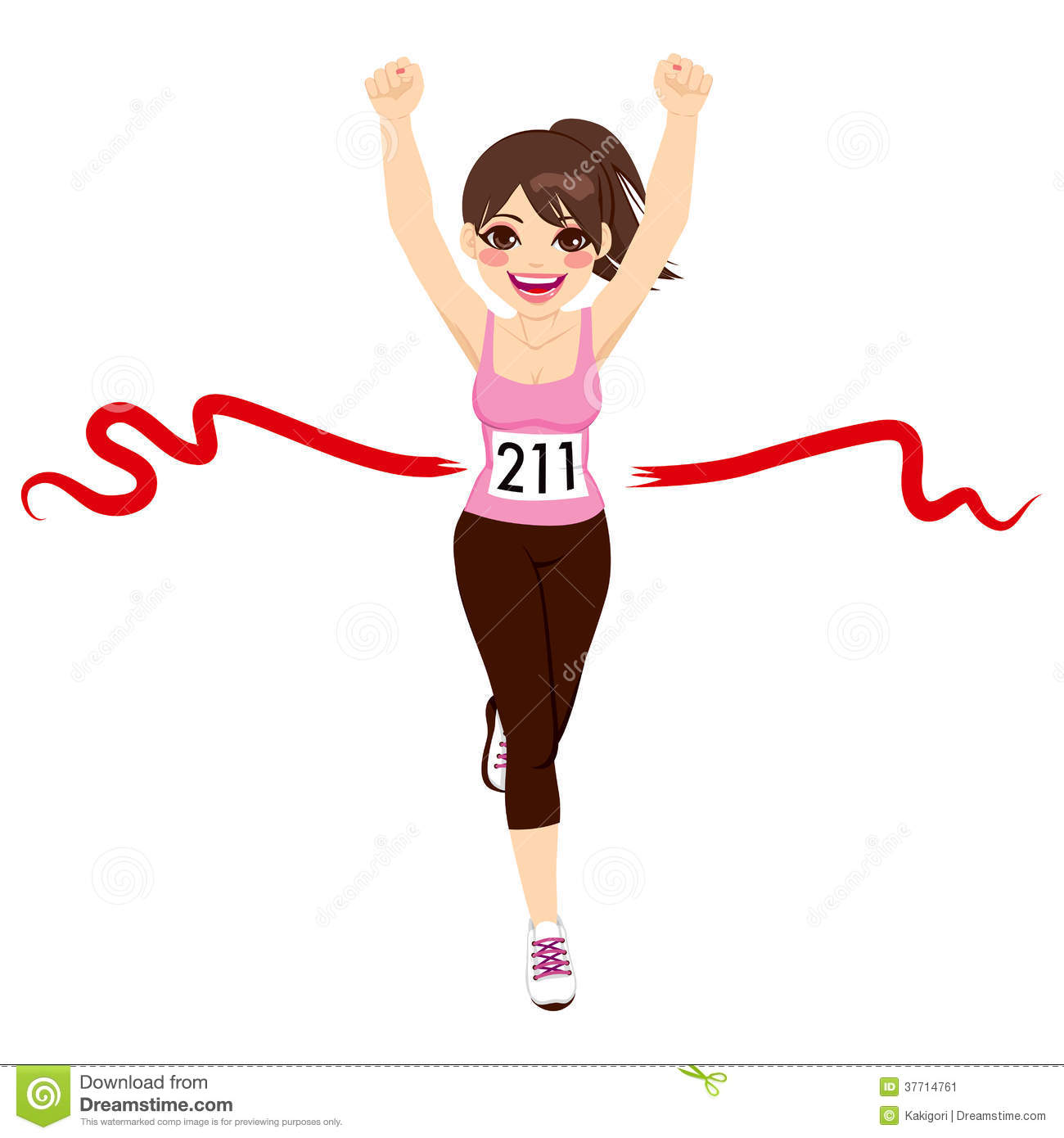 Beautiful Brunette Woman Crossing Red Finish Line And Celebrating