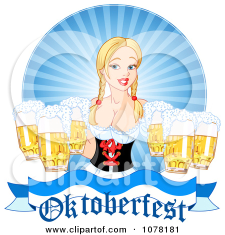 Clipart Beer Maiden Holding Pints Over An Oktoberfest Banner   Royalty