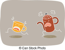 Coffee Cup Running From Heated Pot Vectors Illustration