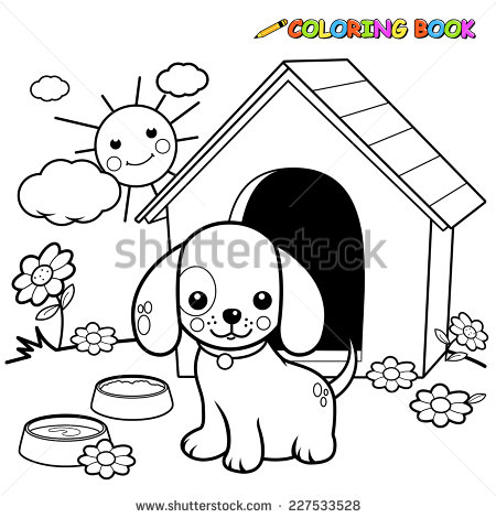 Coloring Book Dog Outside Doghouse  A Black And White Outline Image Of