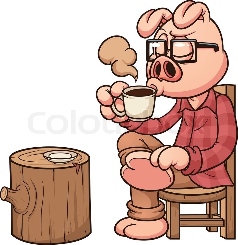 Hipster Pig Drinking Coffee  Vector Clip Art Illustration With Simple