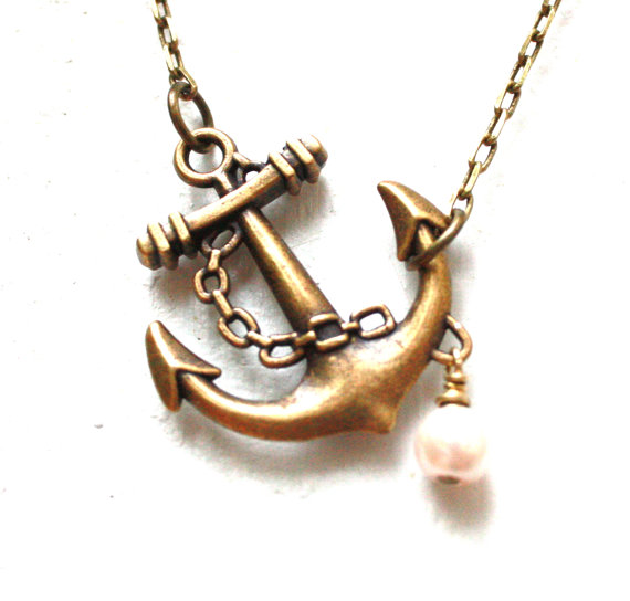 Side Way Anchor Necklace  Double Sided Anchor   Swarovski Pearl
