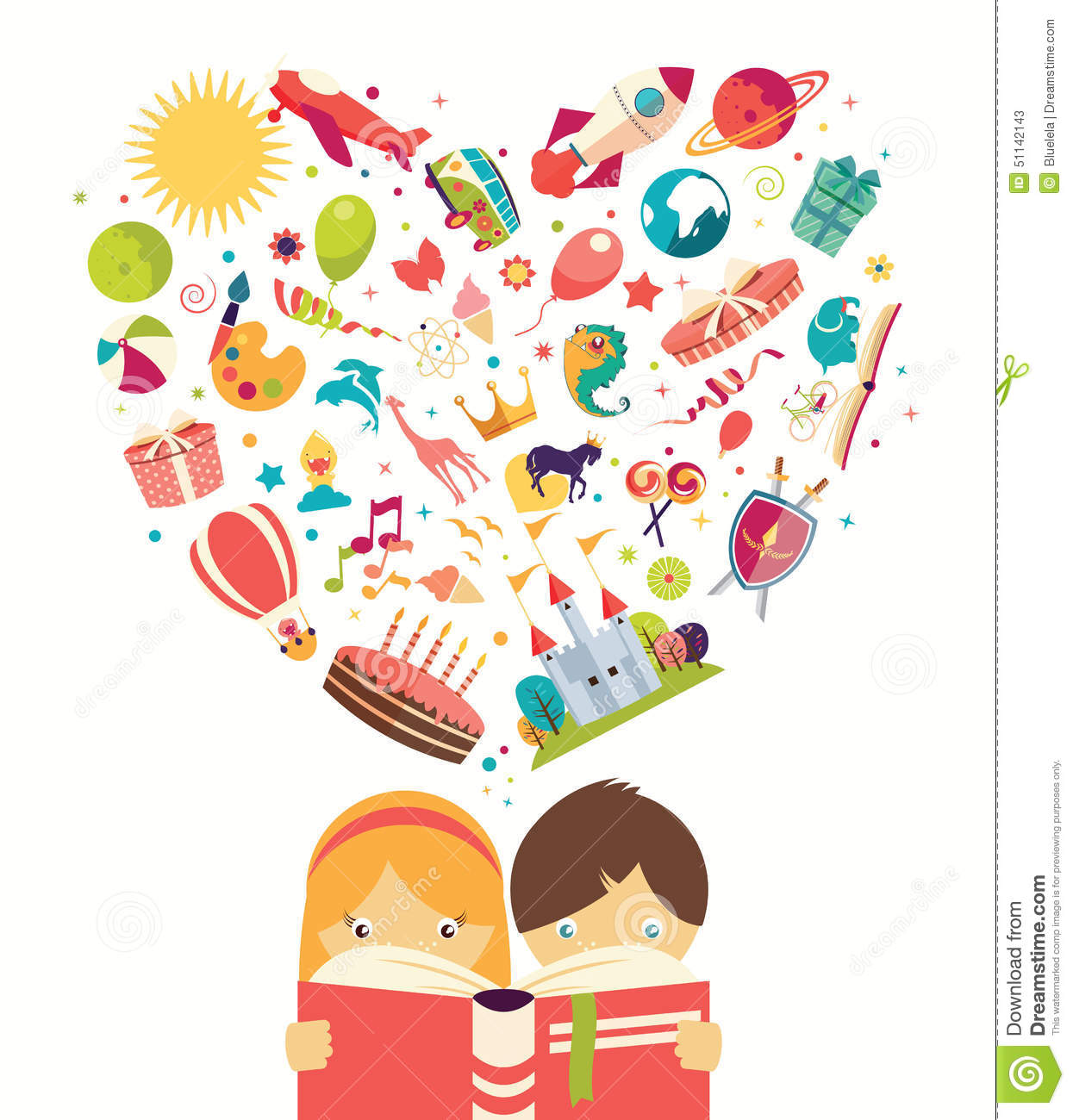 Stock Vector  Imagination Concept Boy And Girl Reading A Book Objects    