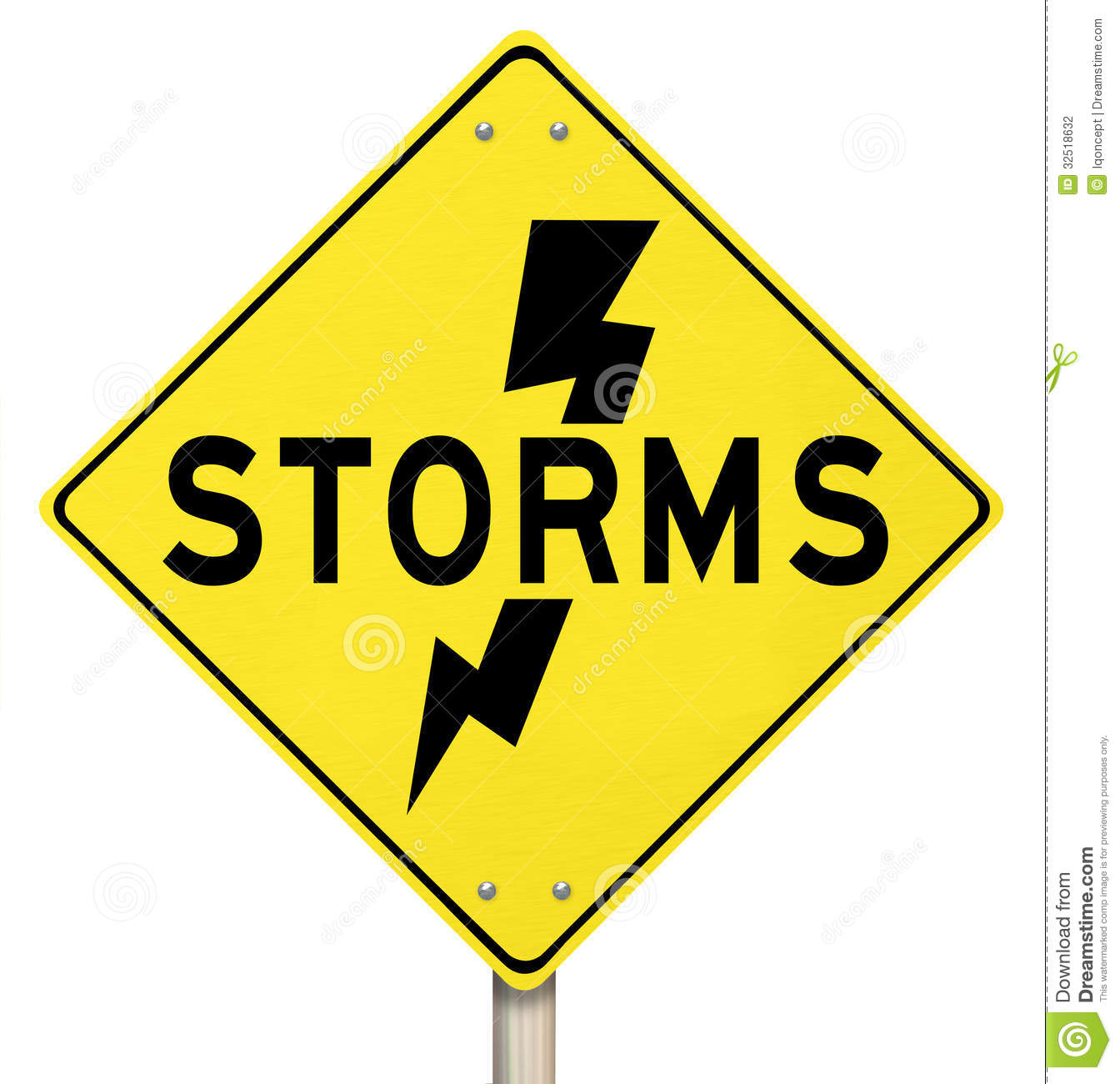 The Word Storms On A Yellow Warning Sign And A Bolt Of Lightning Icon    
