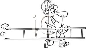 Cartoon Of A Fireman Carrying A Ladder   Royalty Free Clipart Picture