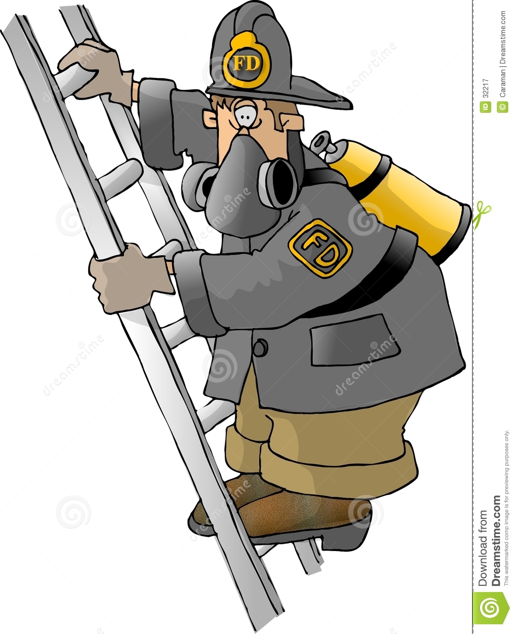 Depicts A Fireman With Respirator And Air Tank Climbing A Ladder