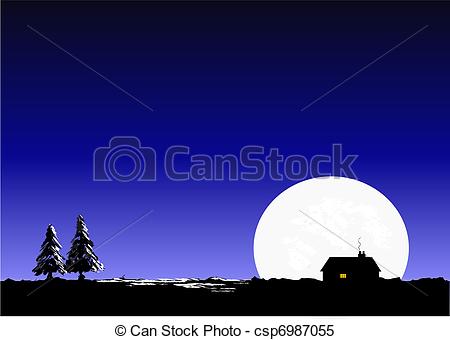 Silent Night Vector  Sky Moon House   Christmas Tree Scene