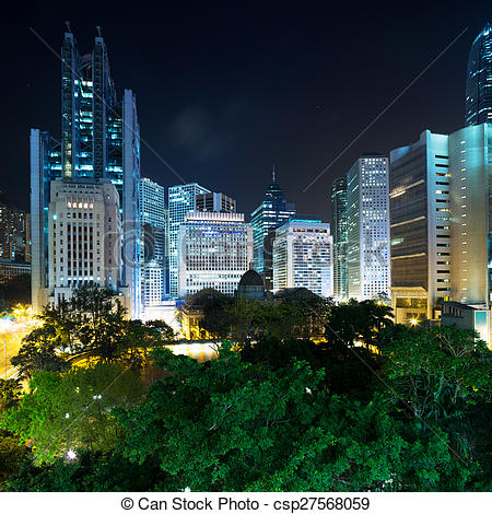 Stock Photo   Night Cityscape And Green Park Of Modern City   Stock