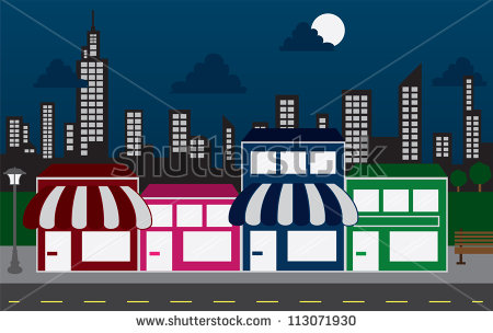 Store Front Strip Mall Stores And Night City Skyline   Stock Vector
