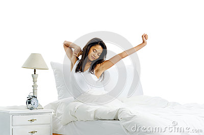 Yawn Stretch Sleepy Latino Woman In Bed Waking Up To The Sound Of Her