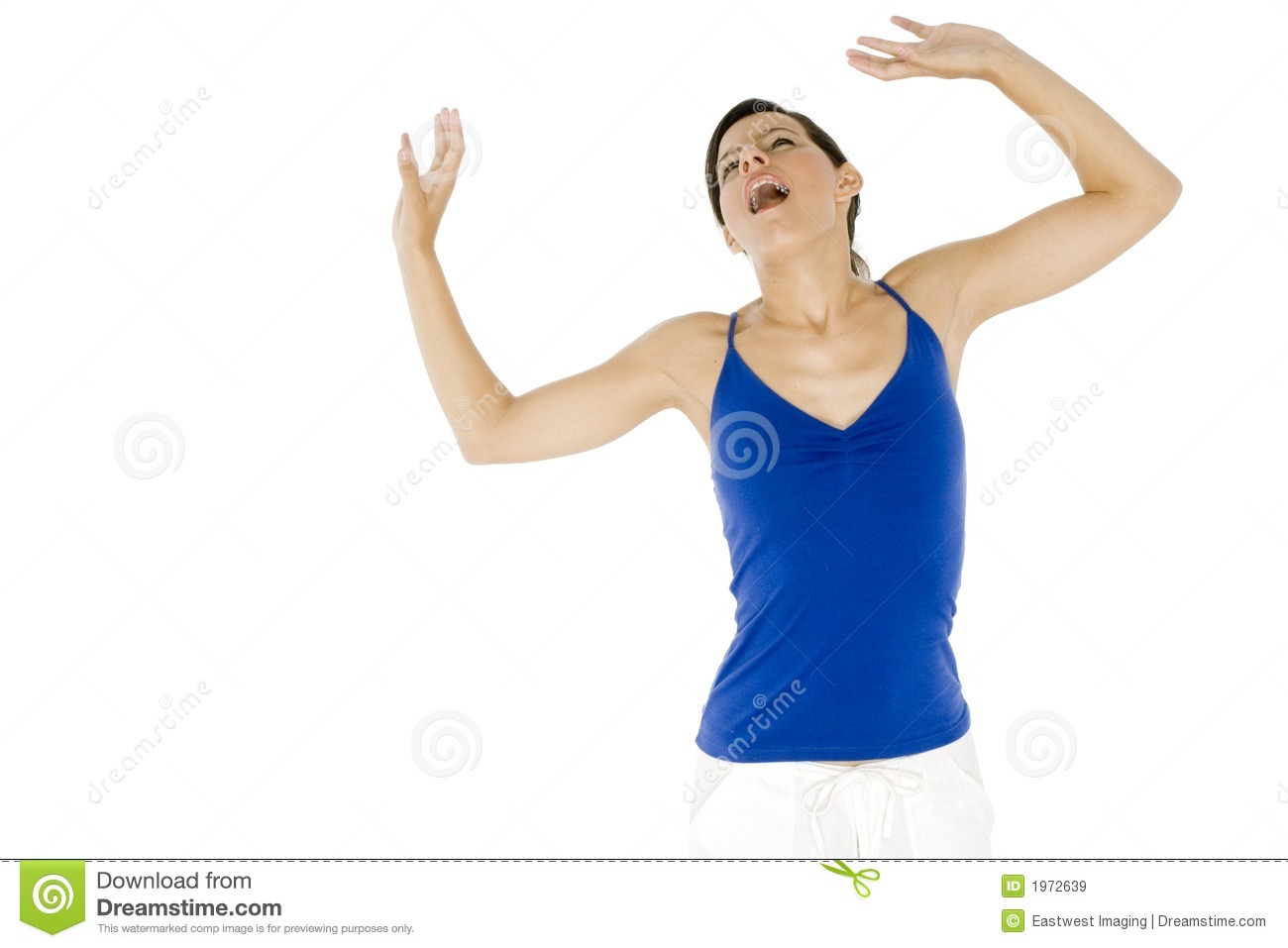 Young Woman Yawns And Stretches Her Arms Upwards On White Background