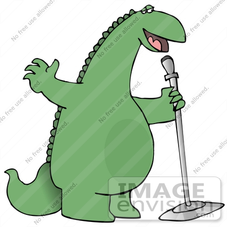 27963 Clip Art Graphic Of A Green Comedian Or Singing Dinosaur Using