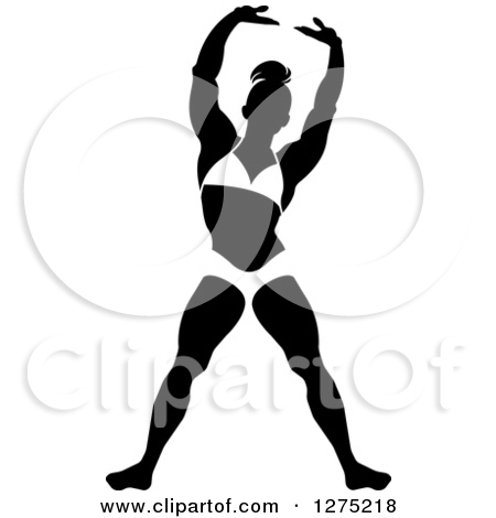 Clipart Of A Silhouetted Black And White Stretching Female Bodybuilder    