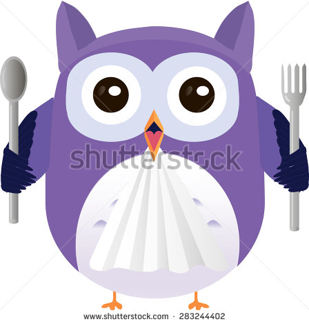 Cute Vector Purple Owl With Fork And Spoon Ready To Eat    Stock    