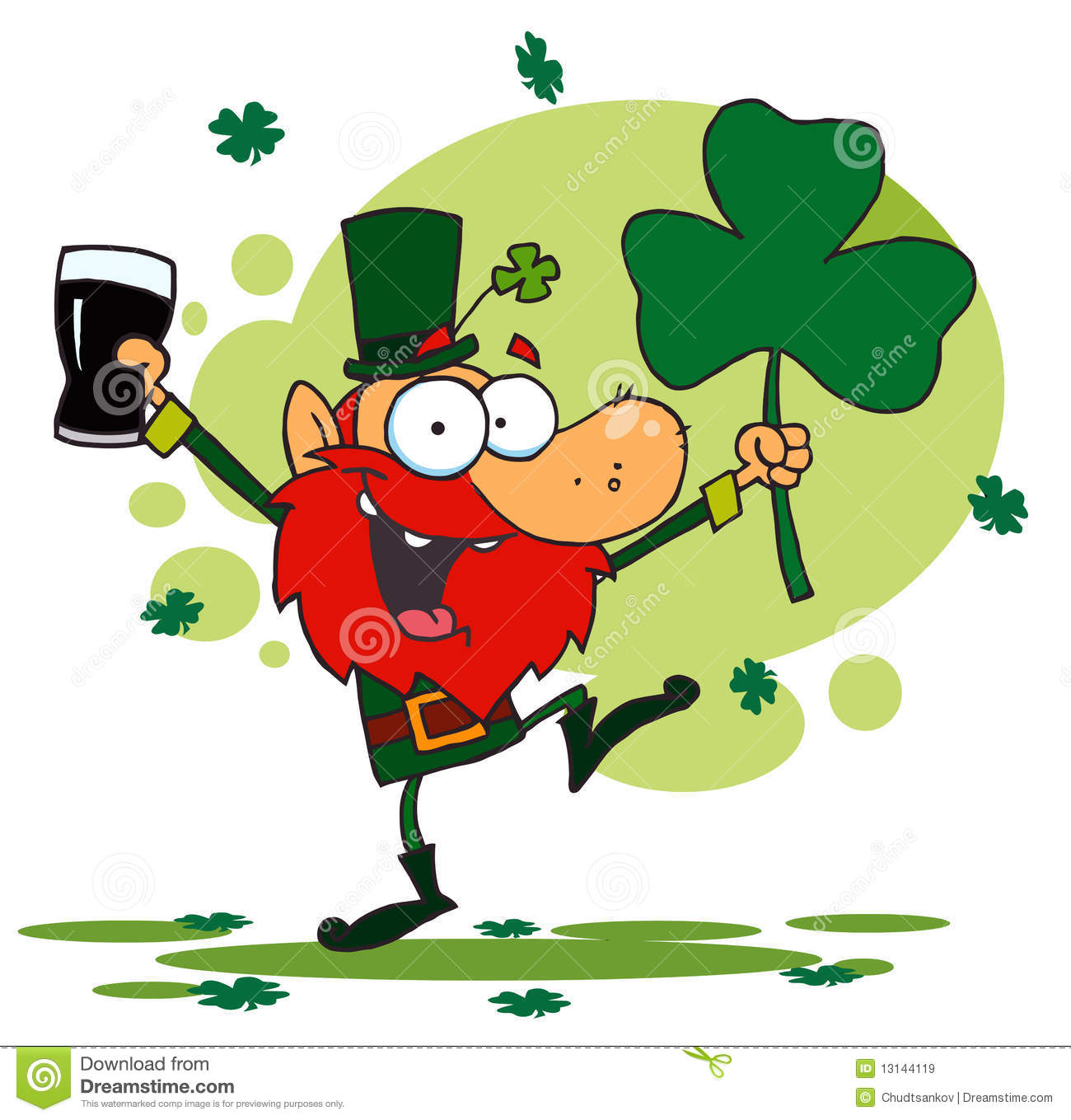 Dancing Leprechaun Holding A Shamrock And Beer Royalty Free Stock