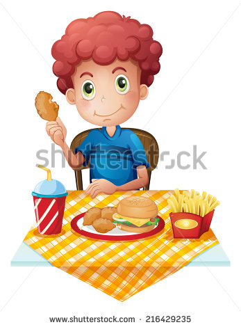 Illustration Of A Hungry Boy Eating On A White Background   Stock
