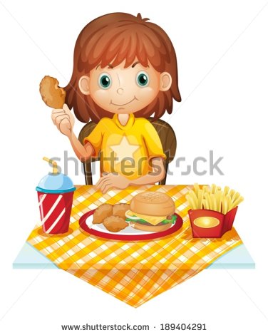 Illustration Of A Young Girl Eating At The Fastfood Restaurant On A