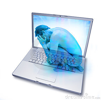 Naked Man On A Laptop Computer Suffering Pain Gamming Addiction